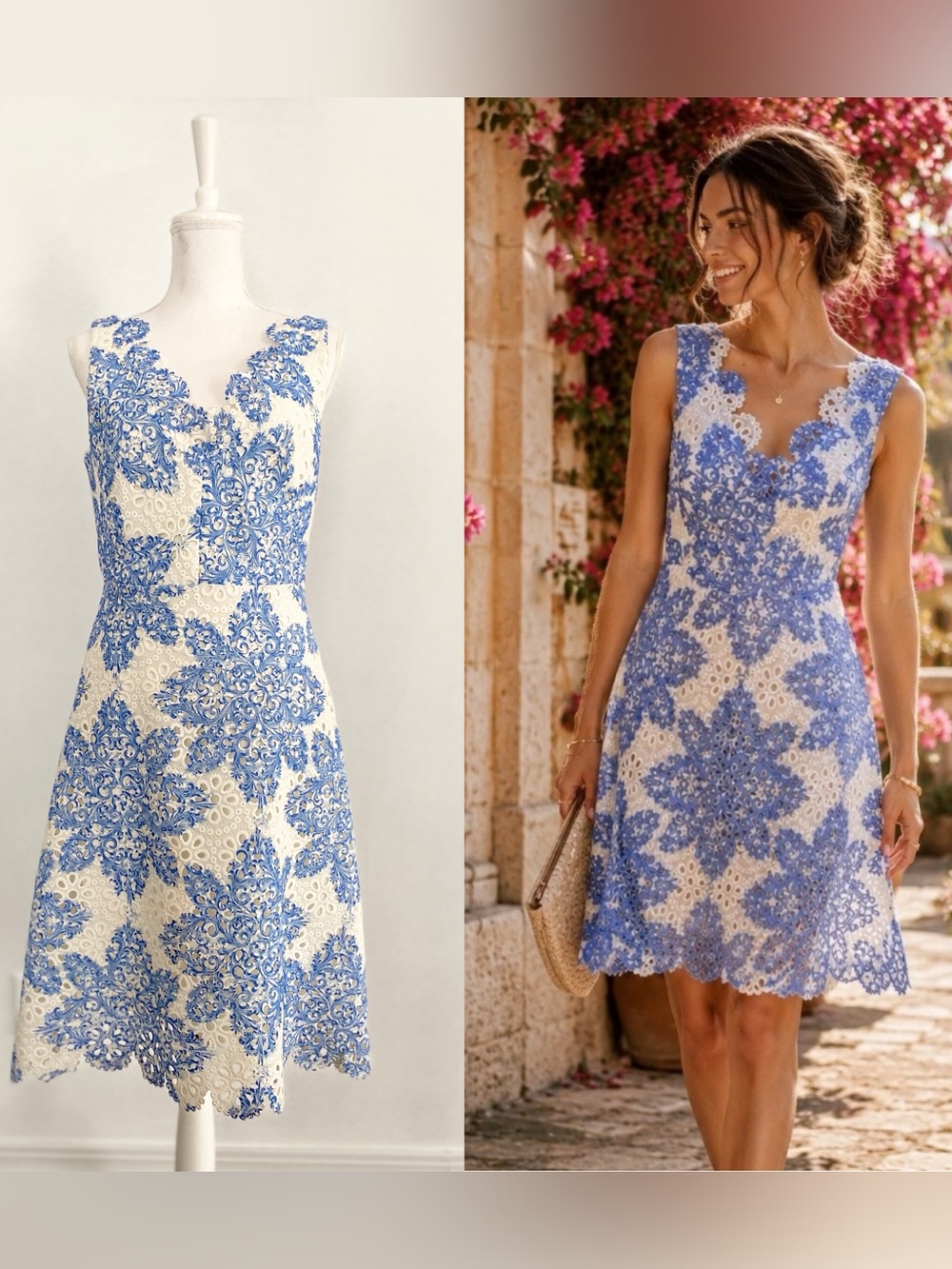 Anthropologie EVA FRANCO Starflower Scalloped Dress Blue White Lace Size 8 Guest